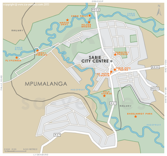 Map of Sabie showing its location along the Panorama Route in Mpumalanga, South Africa